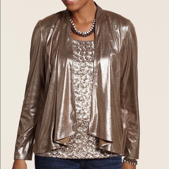 Chico’s Size 1 (Medium) Bronzed Metallic Jamie Jacket $129 Open Front, Unlined - Picture 1 of 10